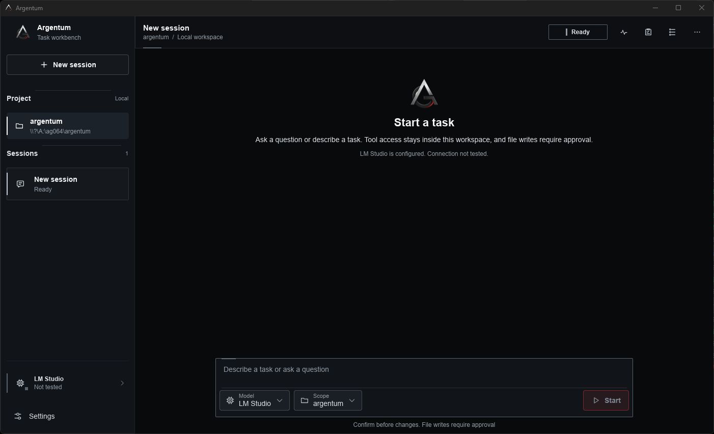 Argentum: Native desktop workspace, captured from the project’s August 2026 build.