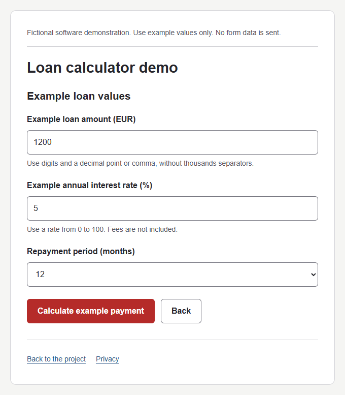 Loan Payment Calculator: Working browser demo using example loan values.